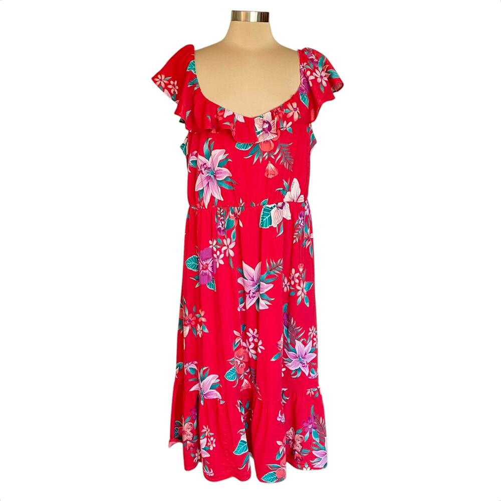 Old Navy Tiered Midi Dress Red Floral Tropical Print XL Sweetheart Neck Summer